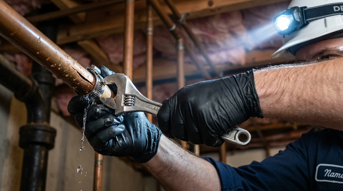 Emergency pipe clamp repair being performed by a Johns Plumbing LLC plumber in Sea Isle City