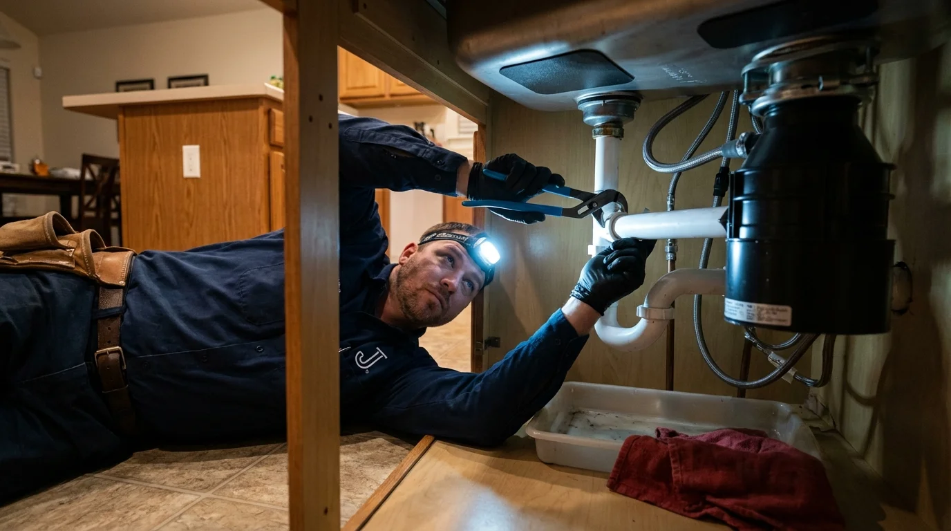 P-trap and supply line connections under a kitchen sink showing a common leak point in Sea Isle City, NJ